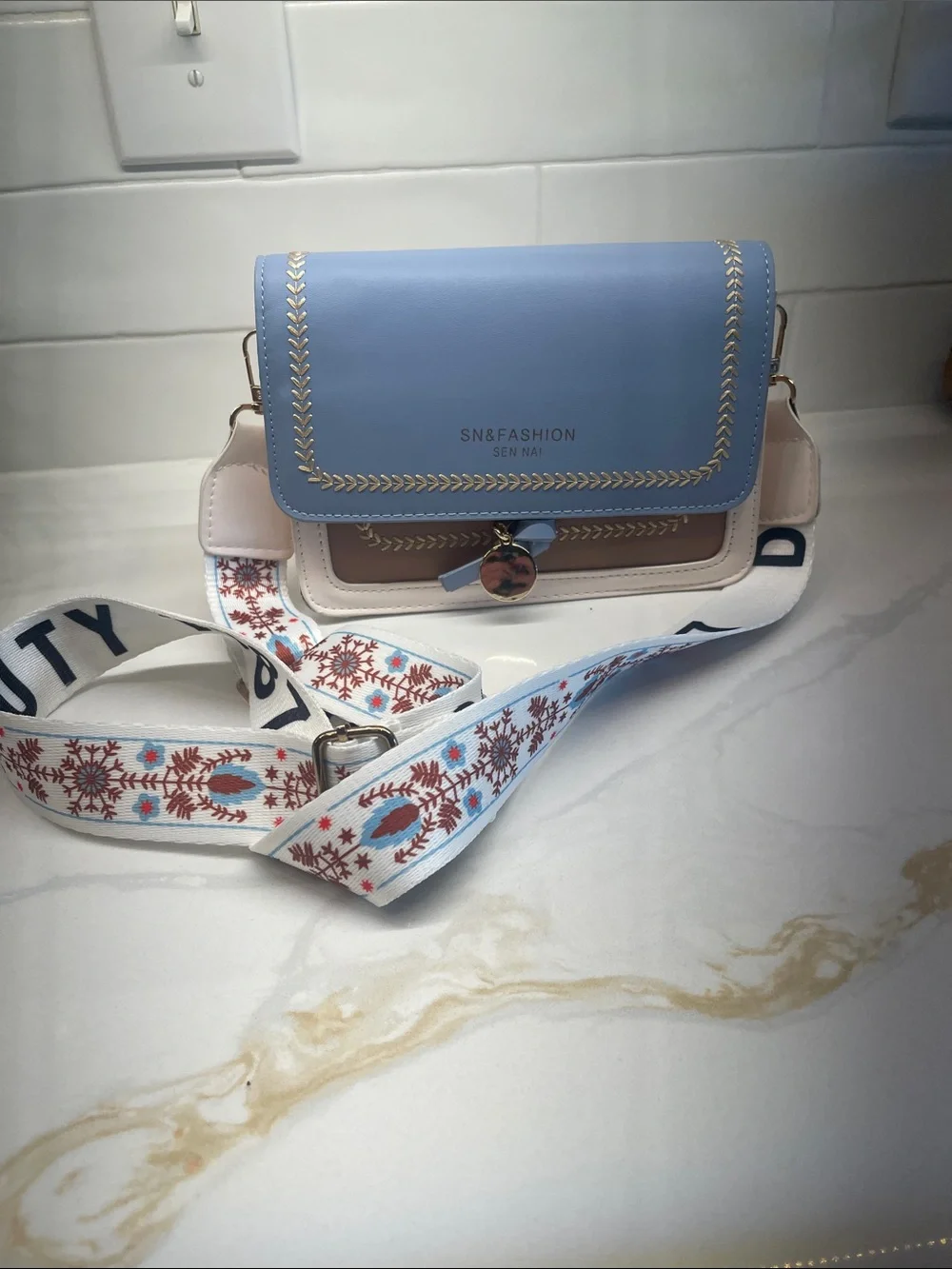 SHEIN Blue and Cream Crossbody Bag with Patterned Strap